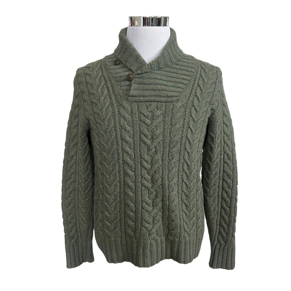 VTG Polo Ralph Lauren Shawl Collar Cable Cardigan Wool Sweater Army Green Medium